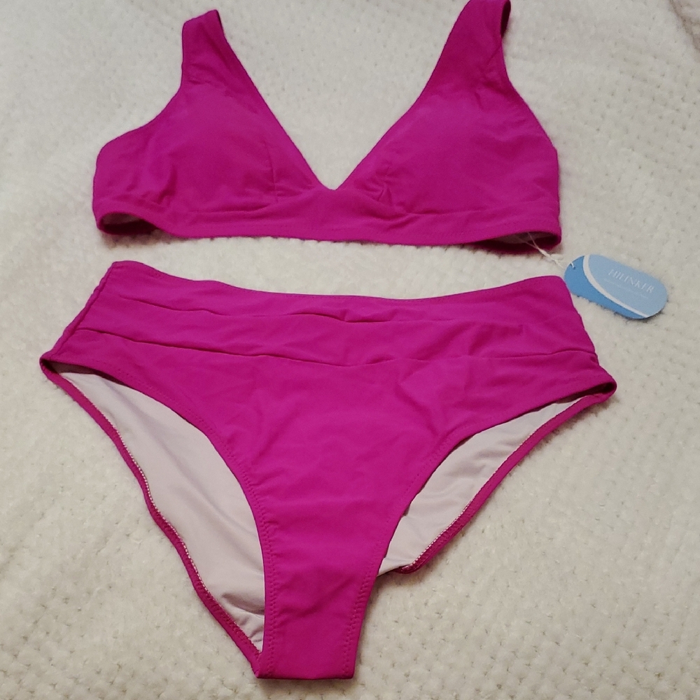 Women’s Pink Two-Piece Bikini Set - V-Neck Top & High-Waist Bottom